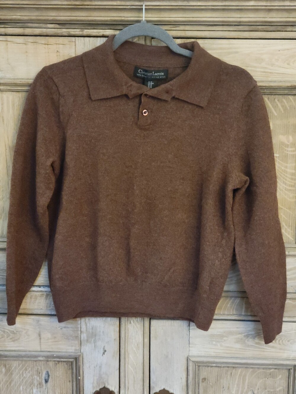 Christian Lacroix Brown 100% Extra Fine Merino Wool Knit Long Sleeve Polo Size M